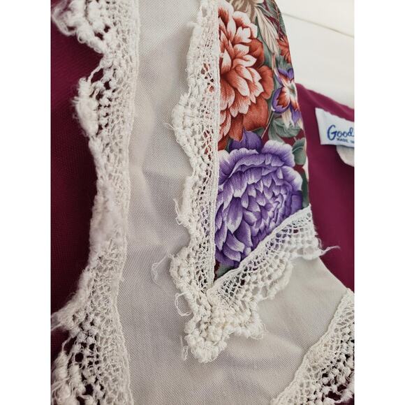 VINTAGE Jacket Blouse Womens 14P Burgundy Lace Hanky Collar Floral 80s Buttons - Picture 9 of 12